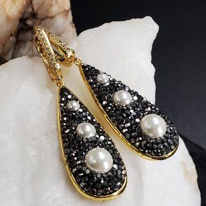 Gold Plated Earrings with Pearls Crystals European Hoops White Topaz Pave